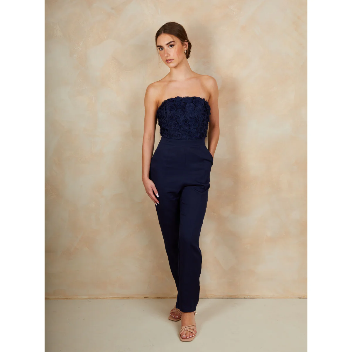 3D Floral Bandeau Jumpsuit in Navy - Image 2