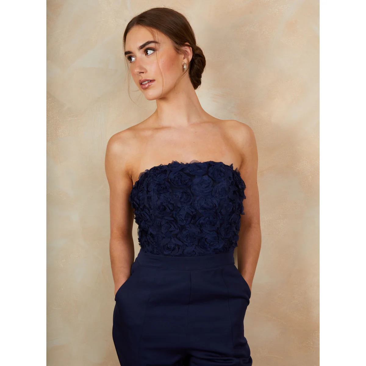 3D Floral Bandeau Jumpsuit in Navy - Image 3