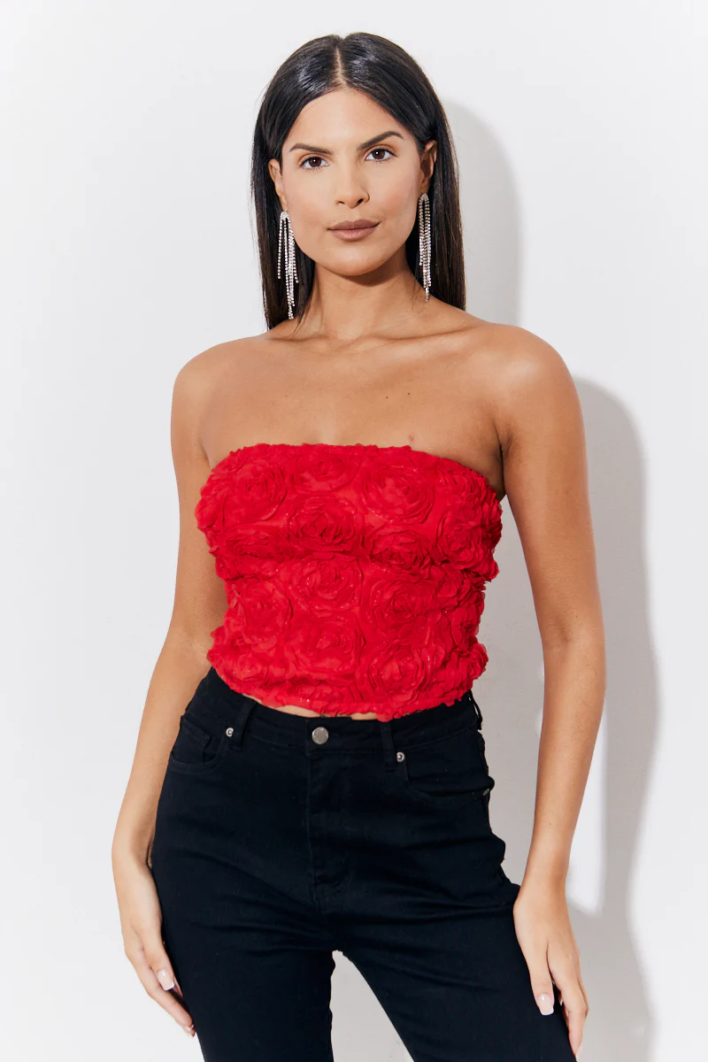 Red 3D Floral Bandeau Top