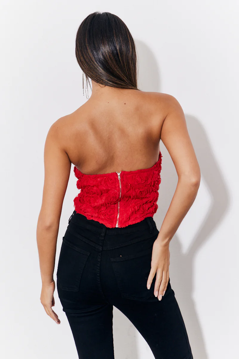 Red 3D Floral Bandeau Top - Image 3