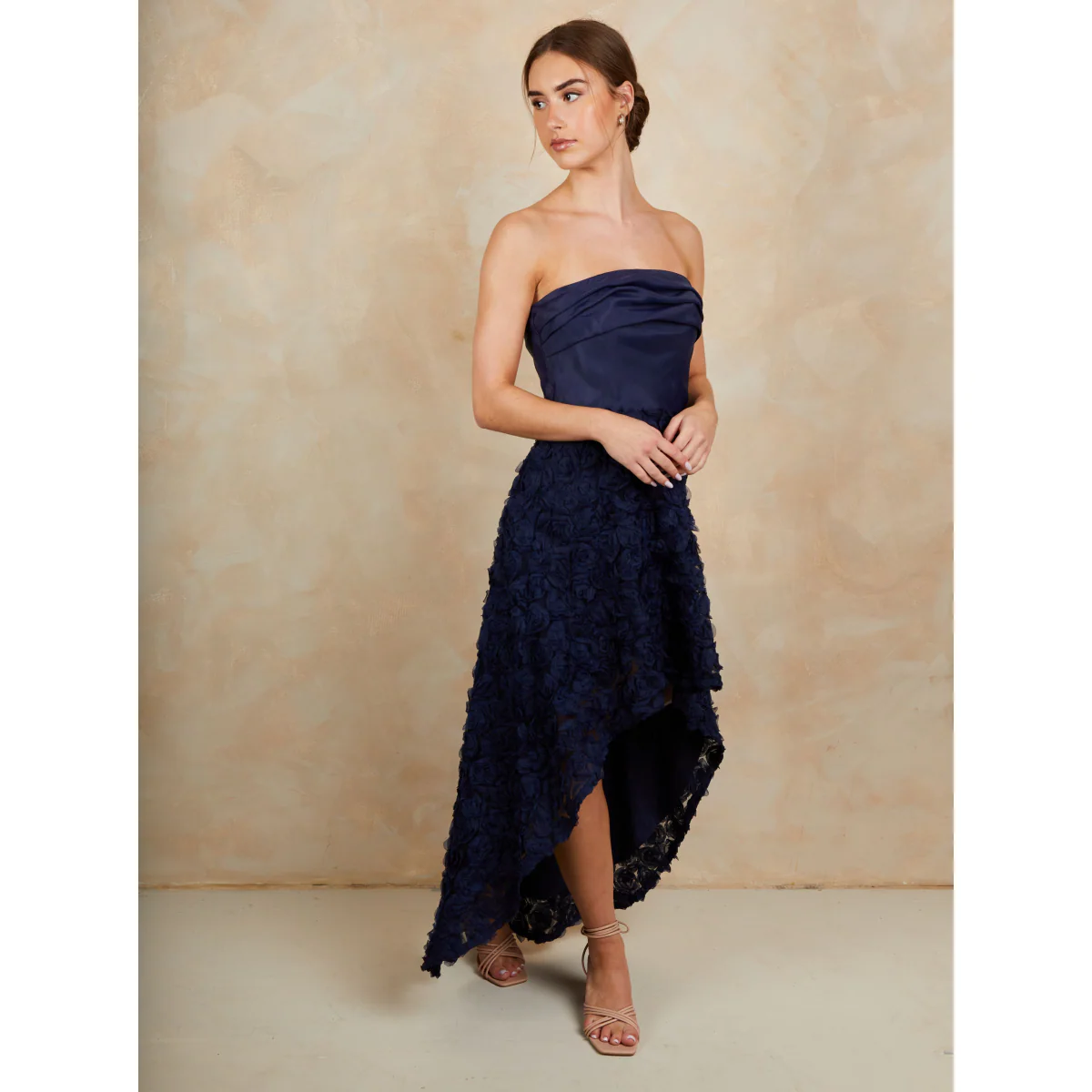 3D Floral Dip Hem Dress in Navy - Image 2