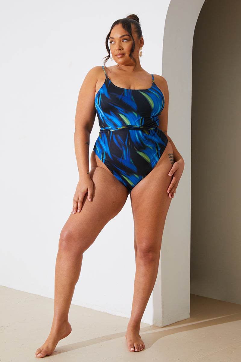 Abstract Print Scoop Neck Gold Trim Belted Swimsuit - Image 7