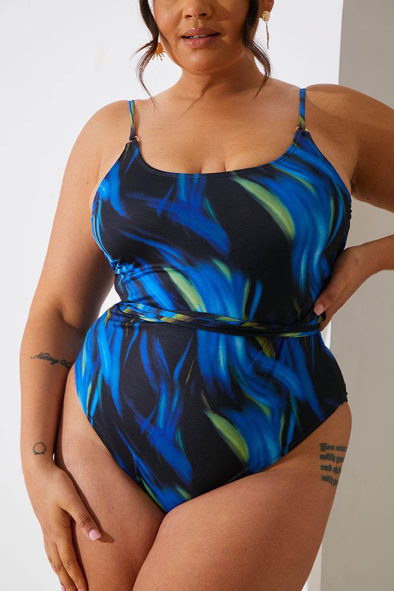 Abstract Print Scoop Neck Gold Trim Belted Swimsuit - Image 8