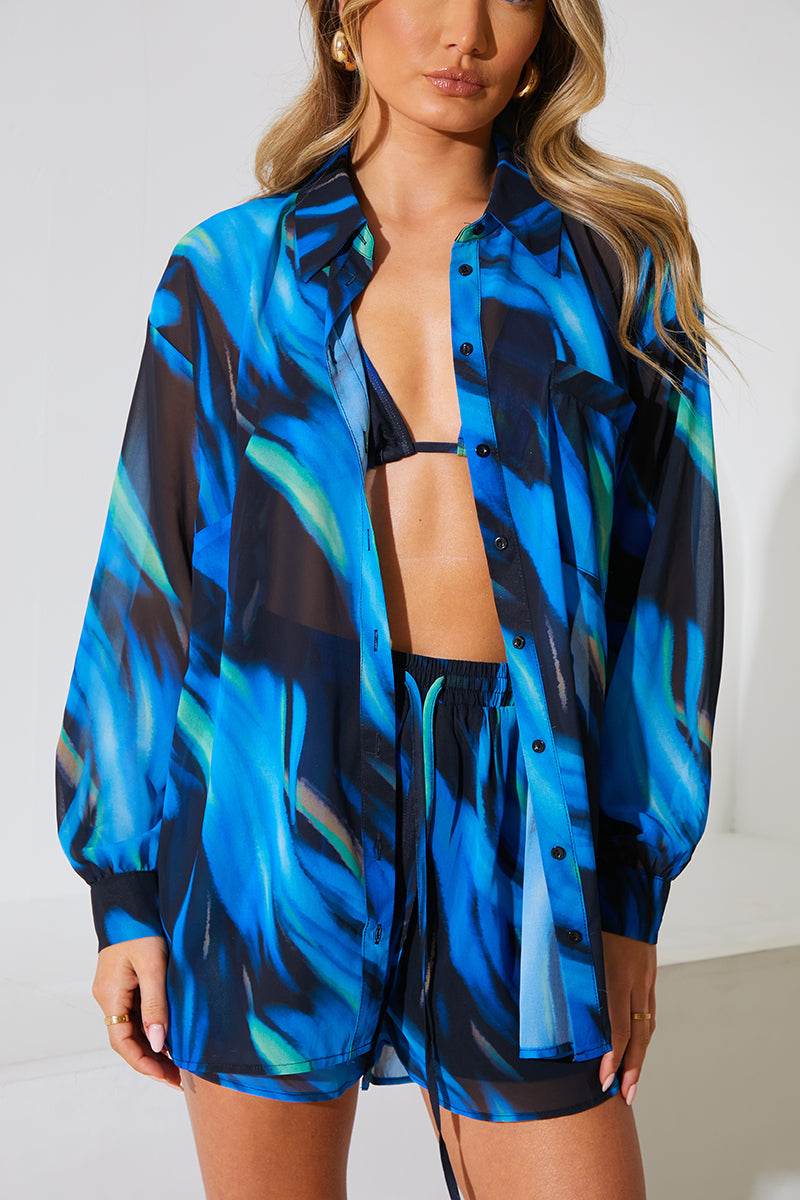 Abstract Print Chiffon Co-Ord Beach Shirt - Image 4