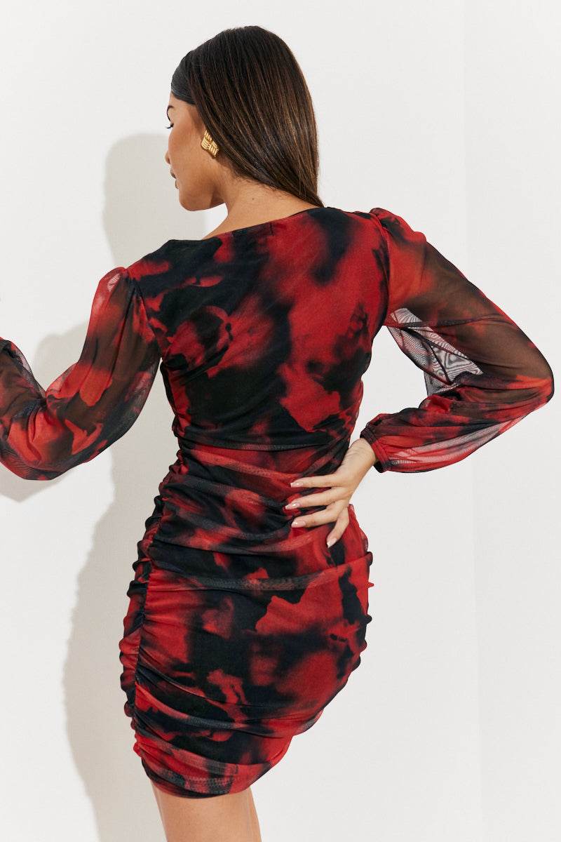 Abstract Print Ruched Mesh Mini Dress - Image 4