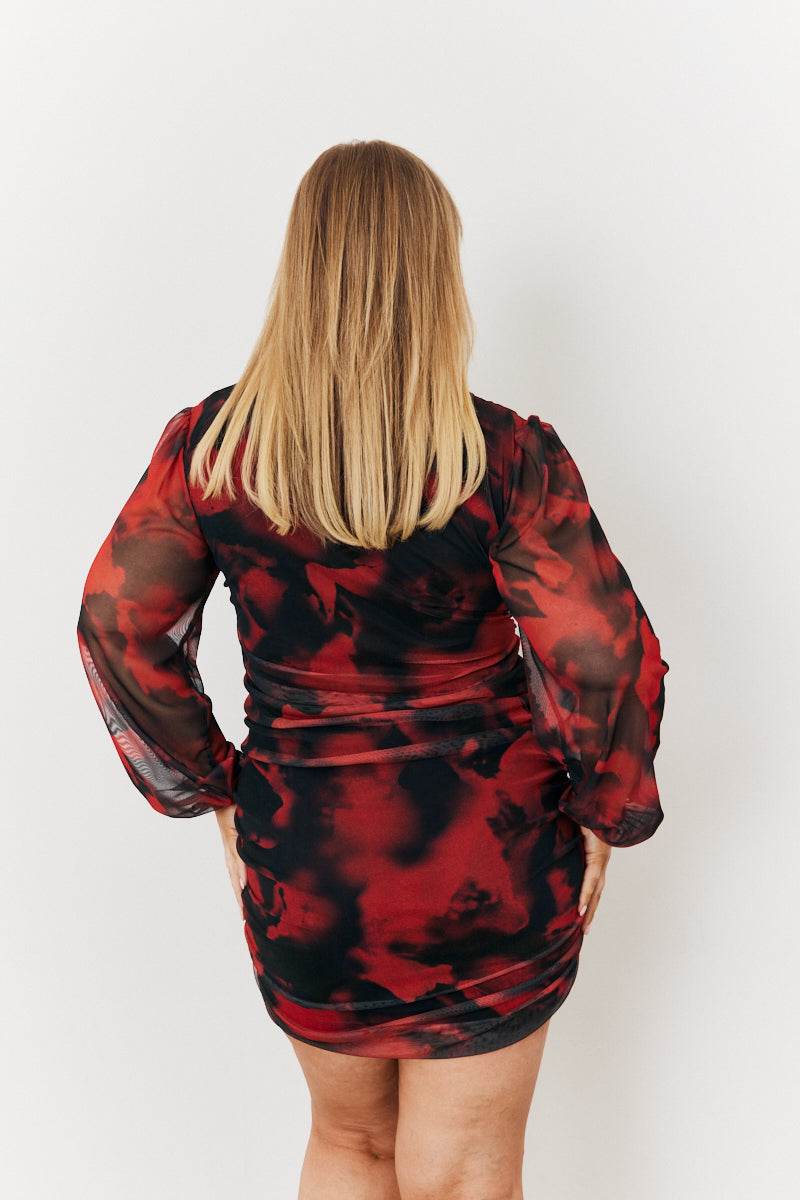 Abstract Print Ruched Mesh Mini Dress - Image 7