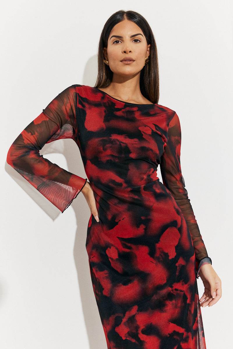 Abstract Print Mesh Open Back Detail Maxi Dress - Image 2