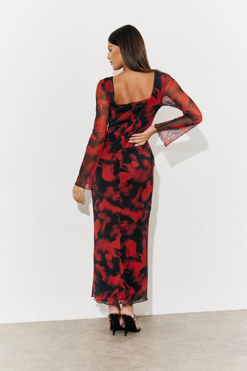 Abstract Print Mesh Open Back Detail Maxi Dress - Image 3