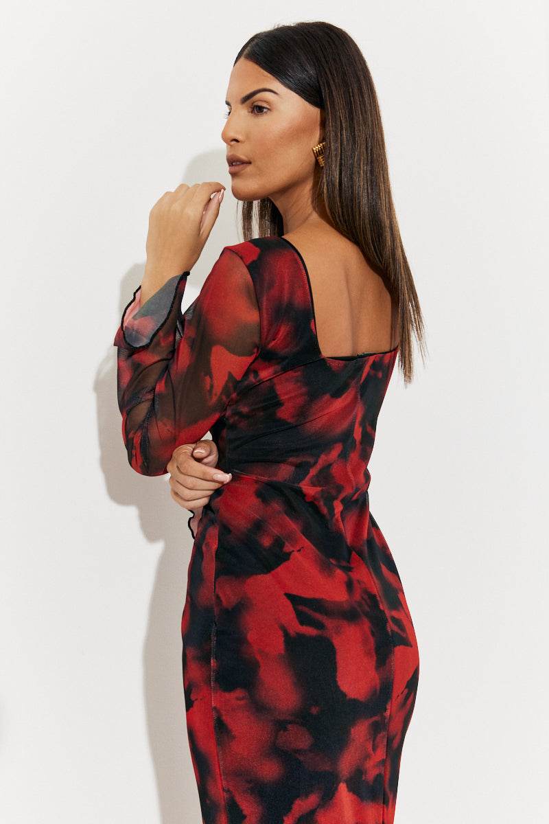 Abstract Print Mesh Open Back Detail Maxi Dress - Image 4