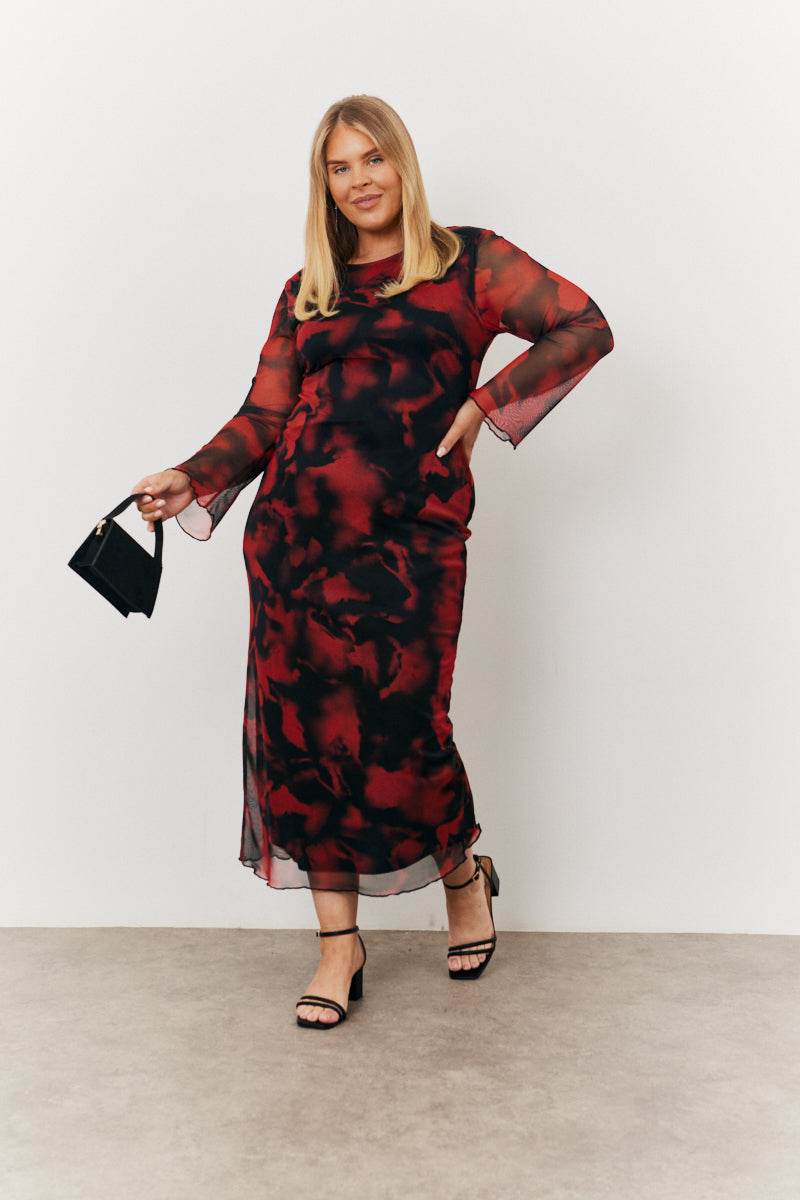 Abstract Print Mesh Open Back Detail Maxi Dress - Image 6