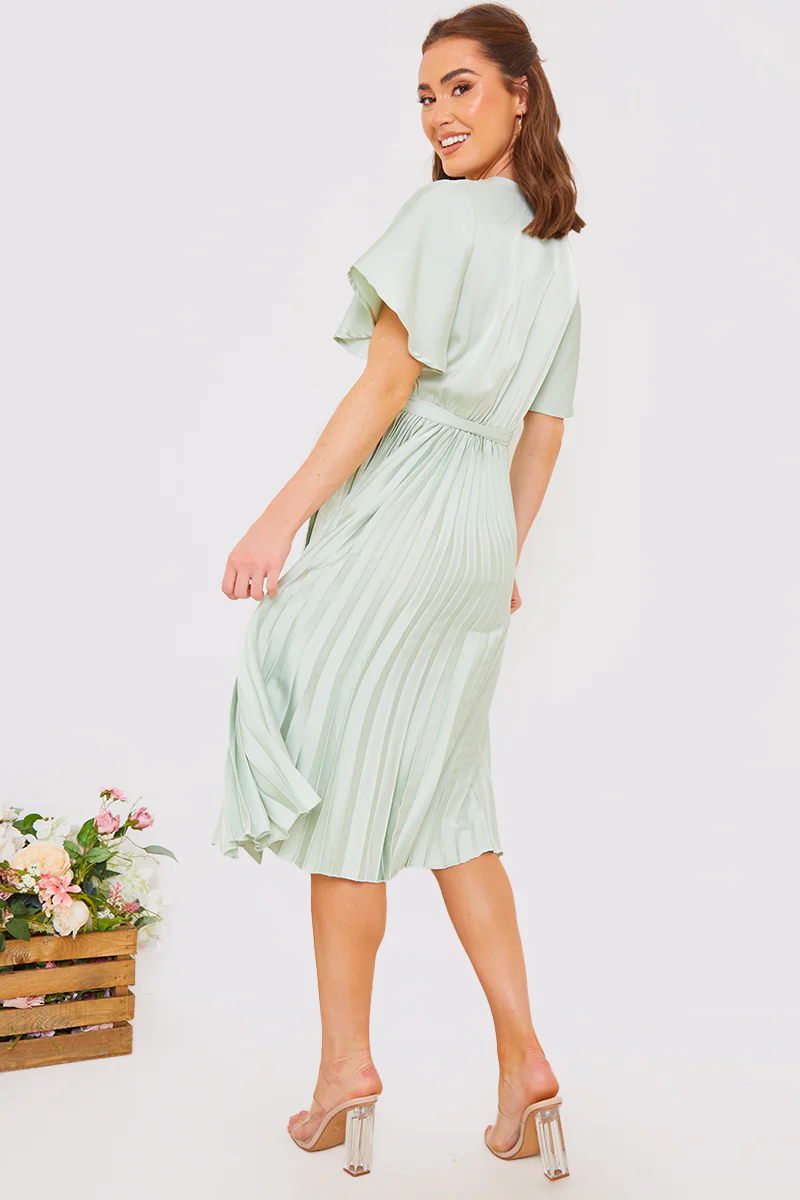 Angel Sleeve Pleated Wrap Midi Dress - Image 11
