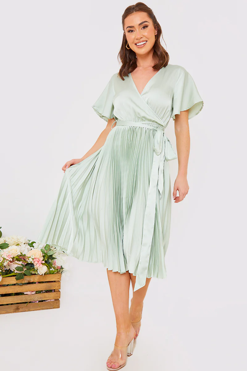 Angel Sleeve Pleated Wrap Midi Dress - Image 9