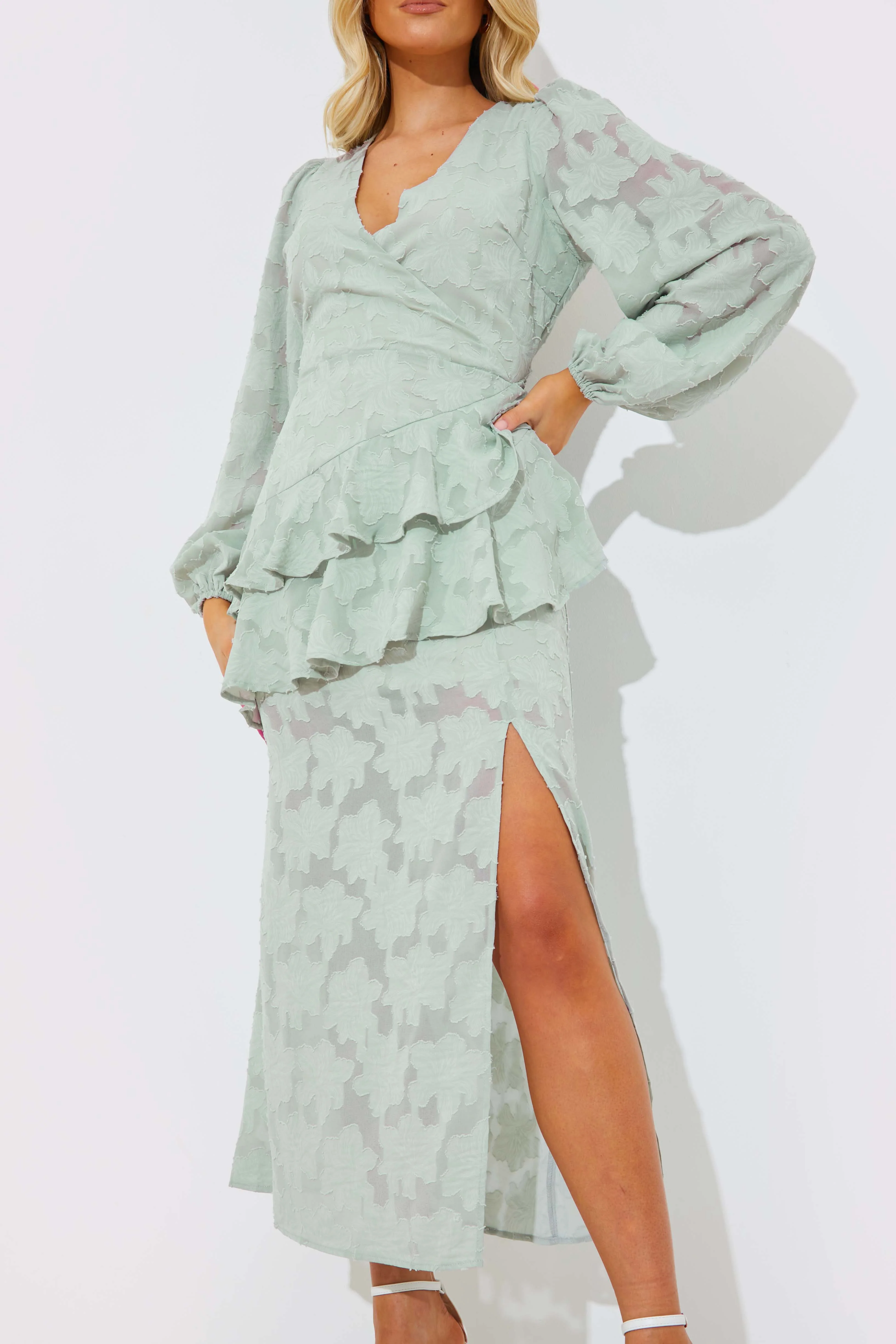 Jacquard Asymmetric Frill Wrap Midaxi Dress - Image 3