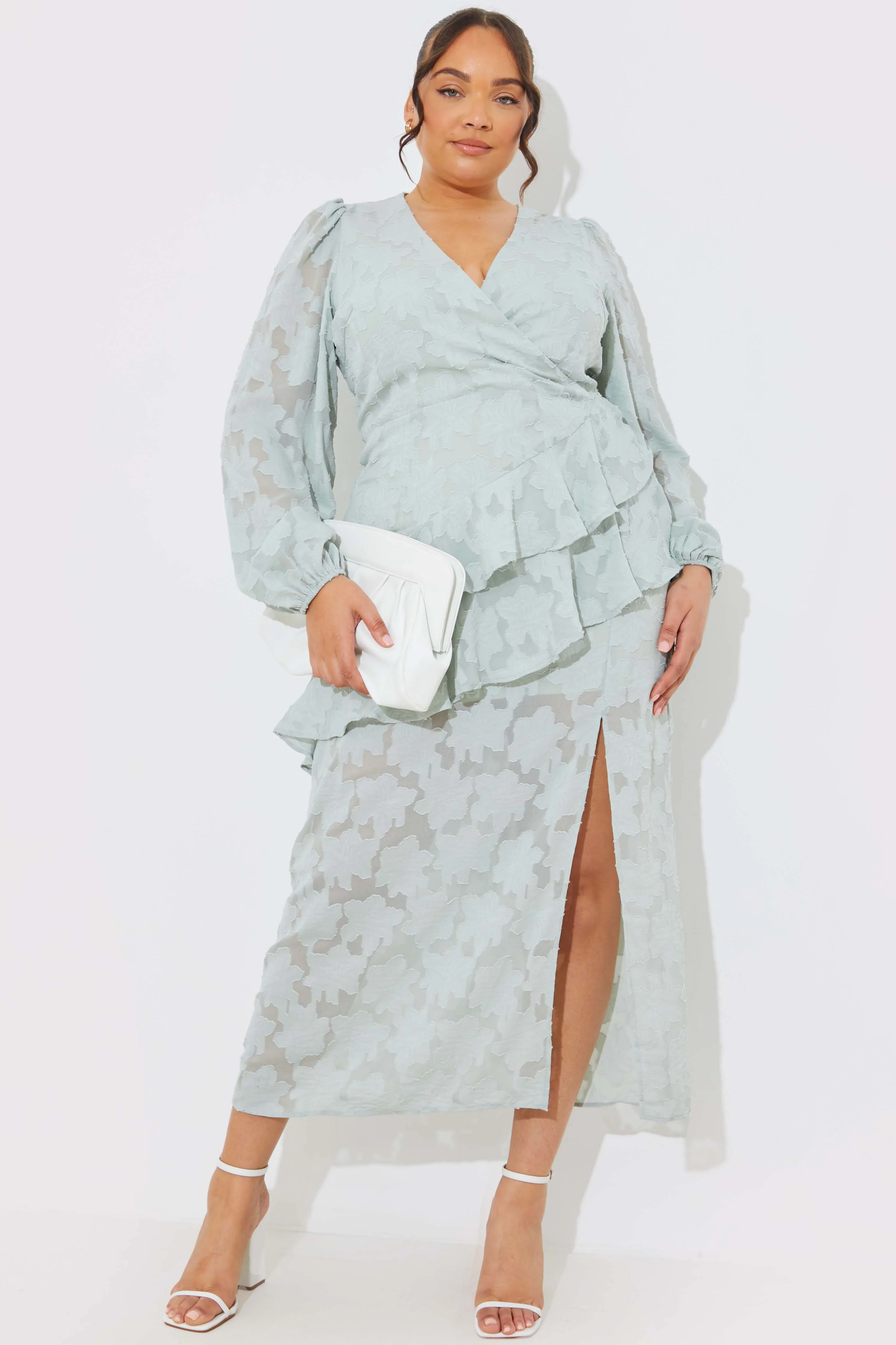Jacquard Asymmetric Frill Wrap Midaxi Dress - Image 4