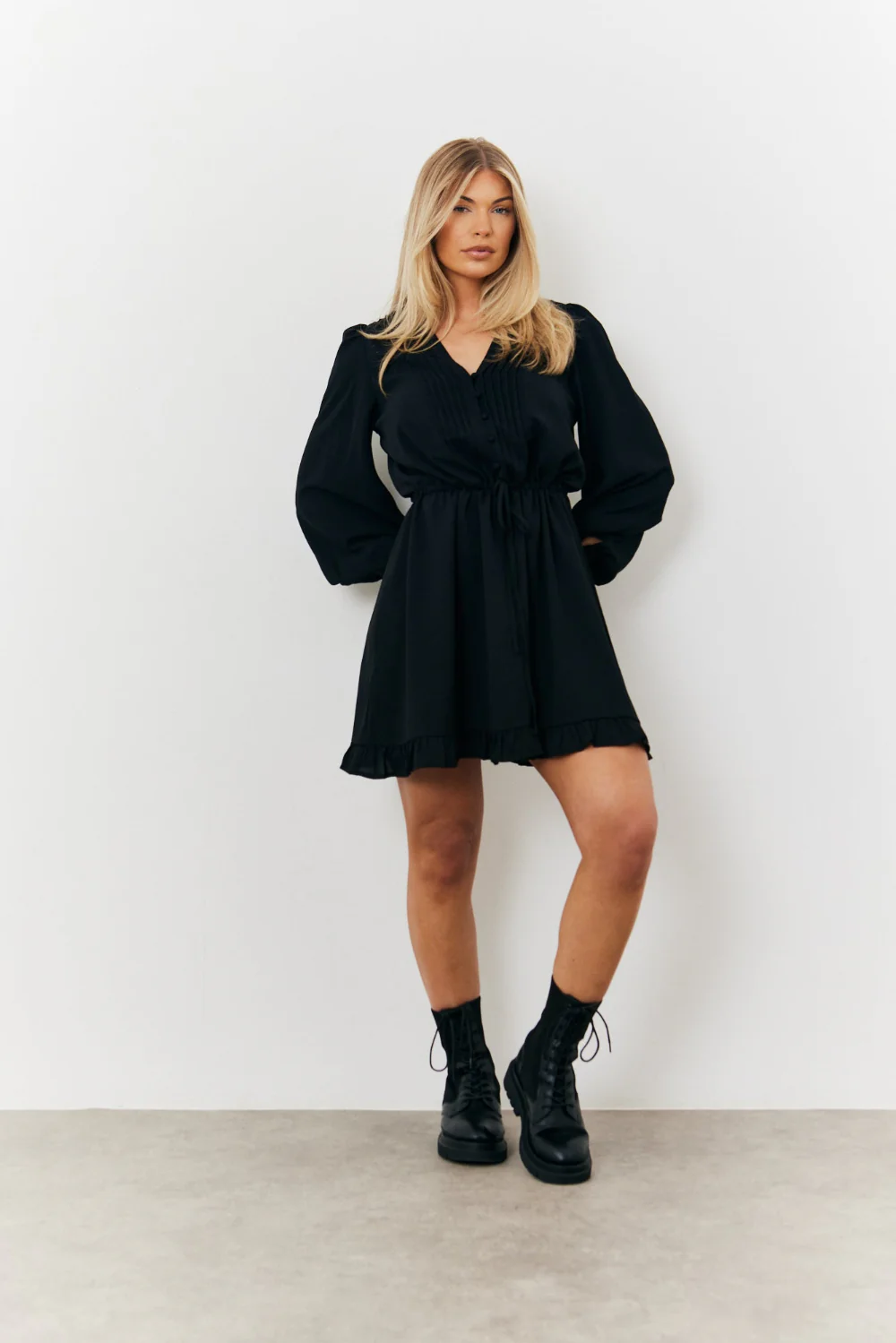 Balloon Sleeve Pintuck Tie Waist Detail Mini Dress - Image 2