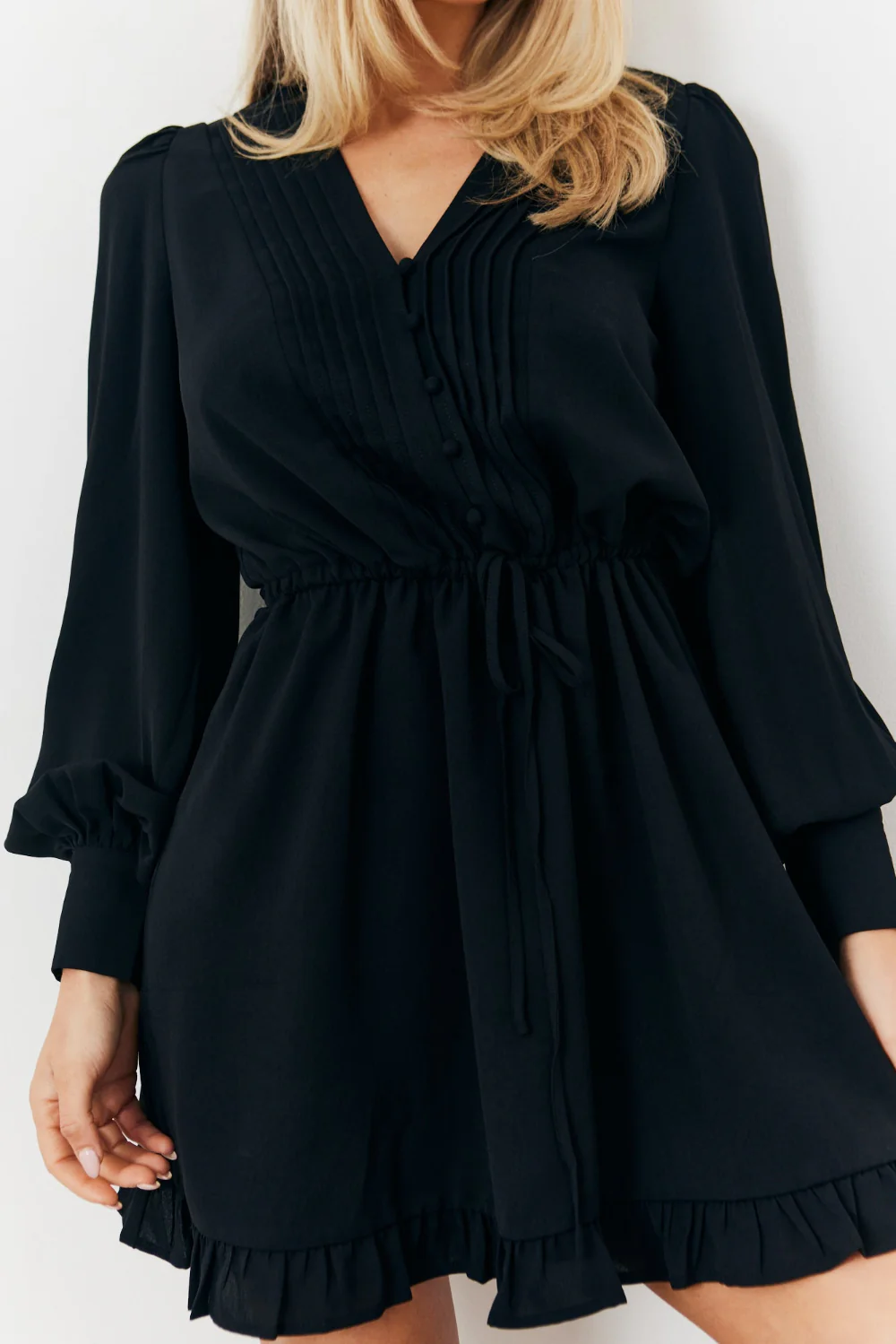 Balloon Sleeve Pintuck Tie Waist Detail Mini Dress - Image 3