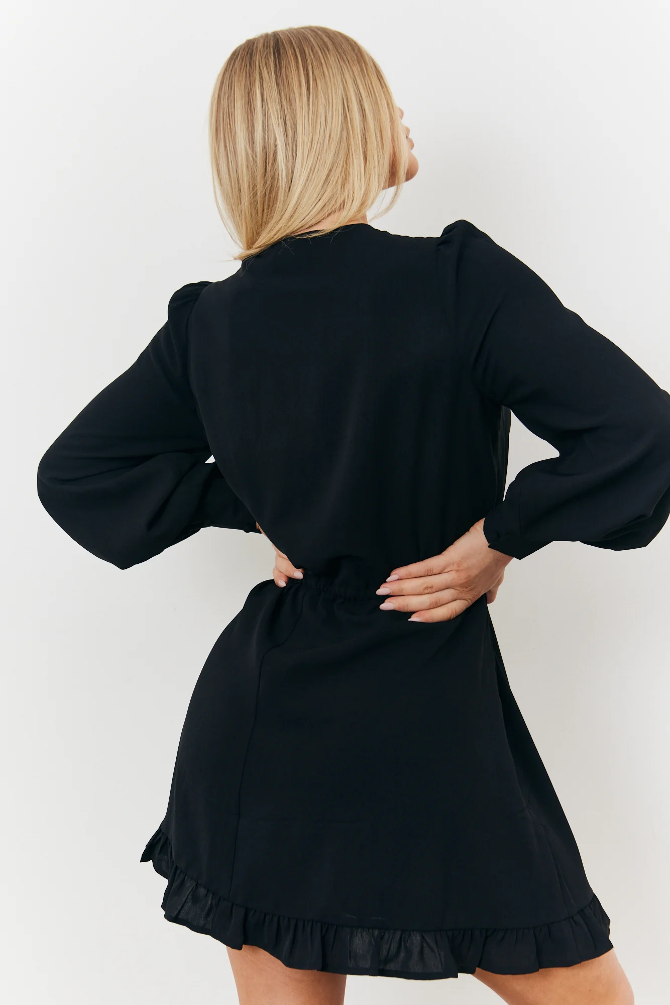 Balloon Sleeve Pintuck Tie Waist Detail Mini Dress - Image 5
