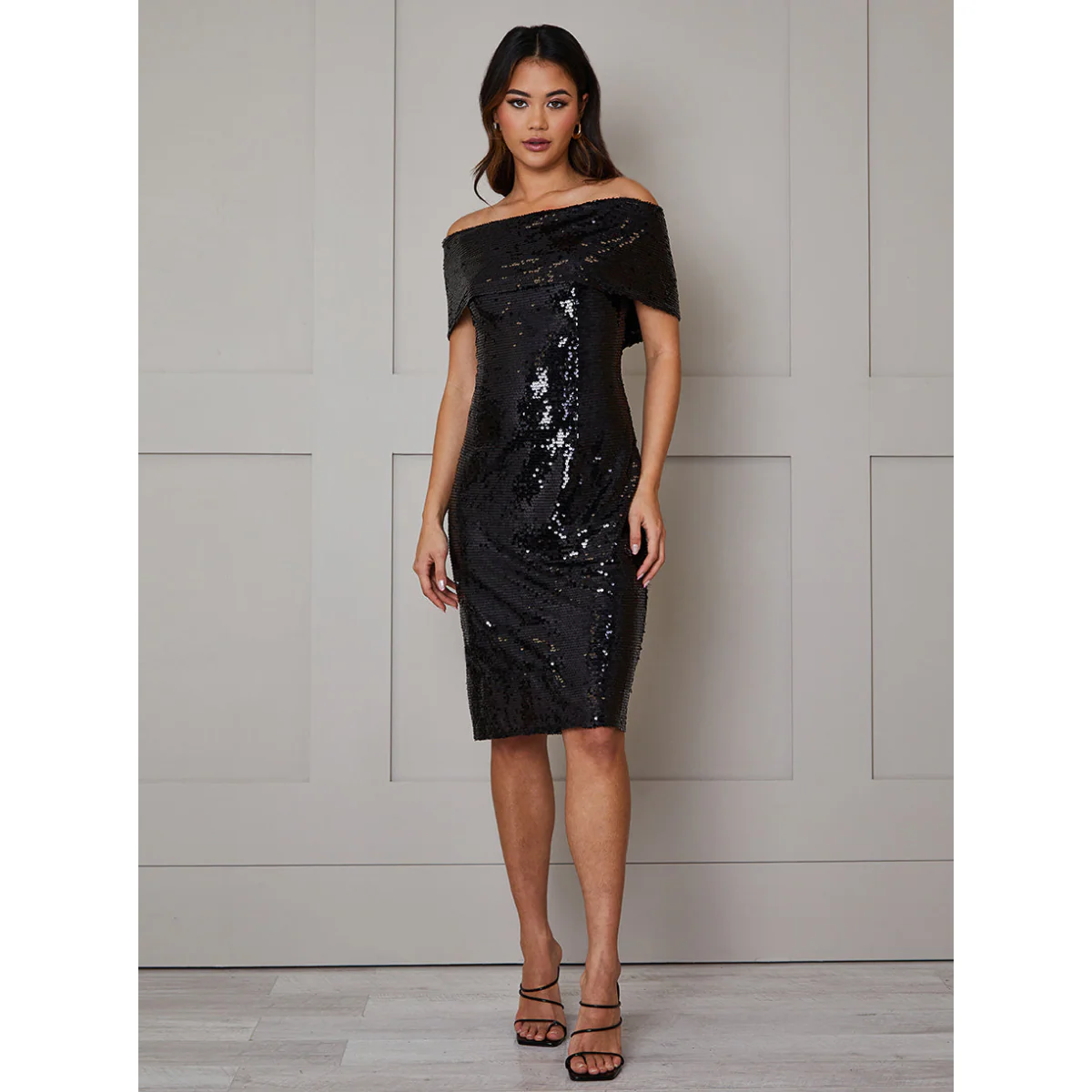 Bardot Sequin Bodycon Midi Dress in Black - Image 2