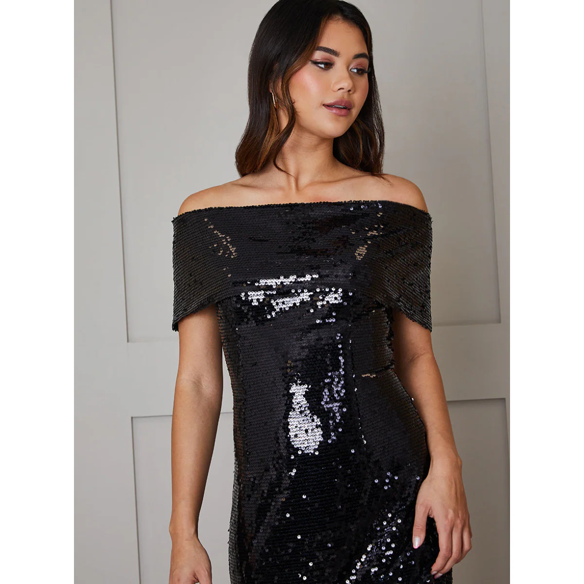 Bardot Sequin Bodycon Midi Dress in Black - Image 3