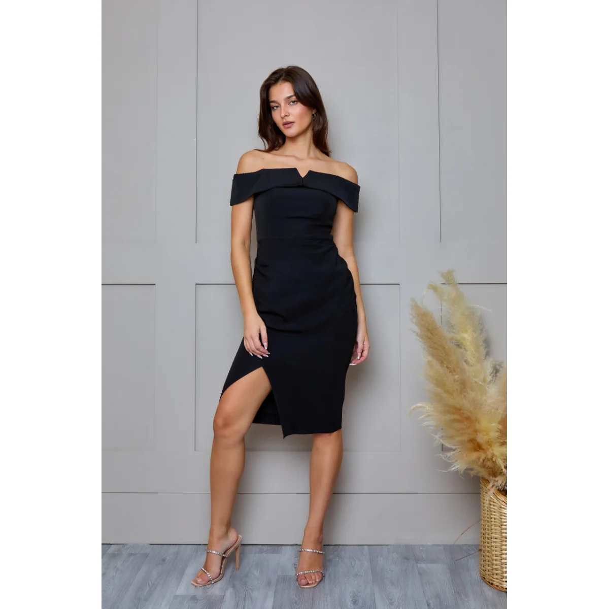 Bardot Split Detail Bodycon Midi Dress in Black - Image 2