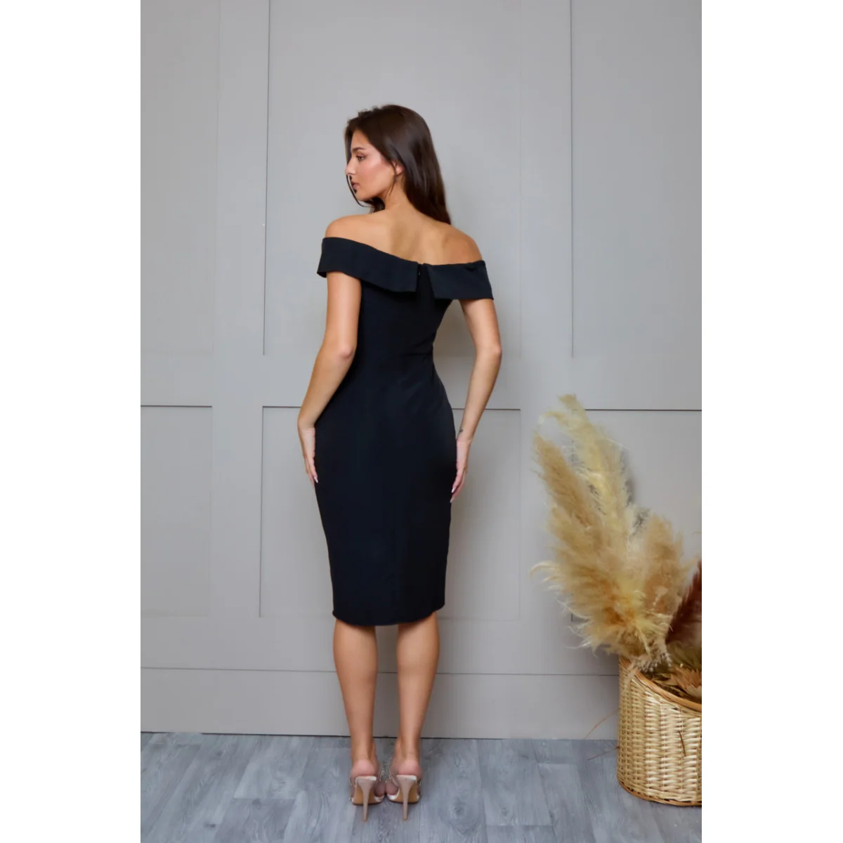 Bardot Split Detail Bodycon Midi Dress in Black - Image 4