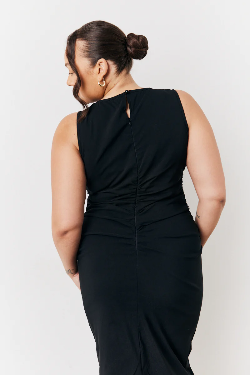 Black Bengaline Ruched Midi Dress - Image 10