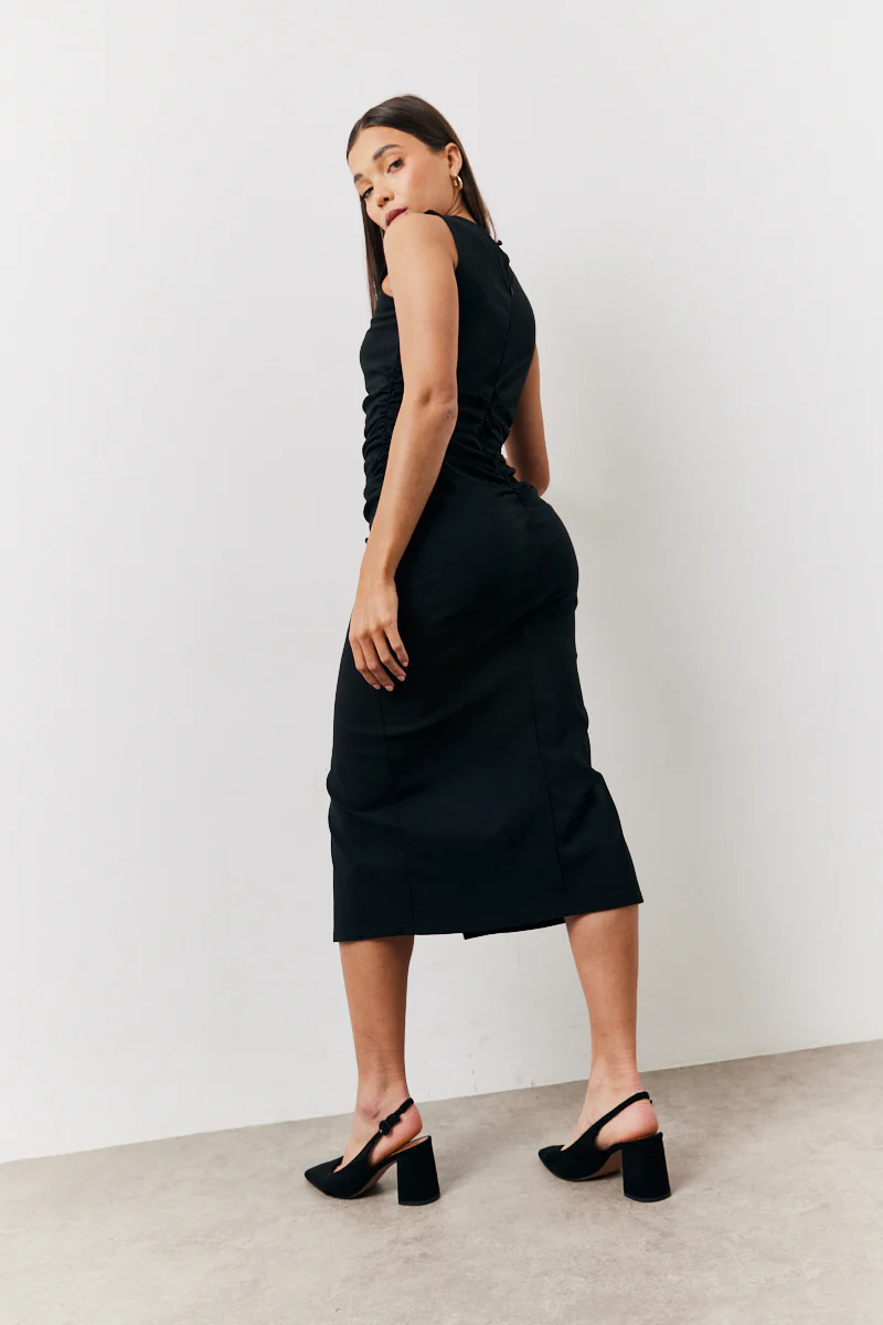 Black Bengaline Ruched Midi Dress - Image 4