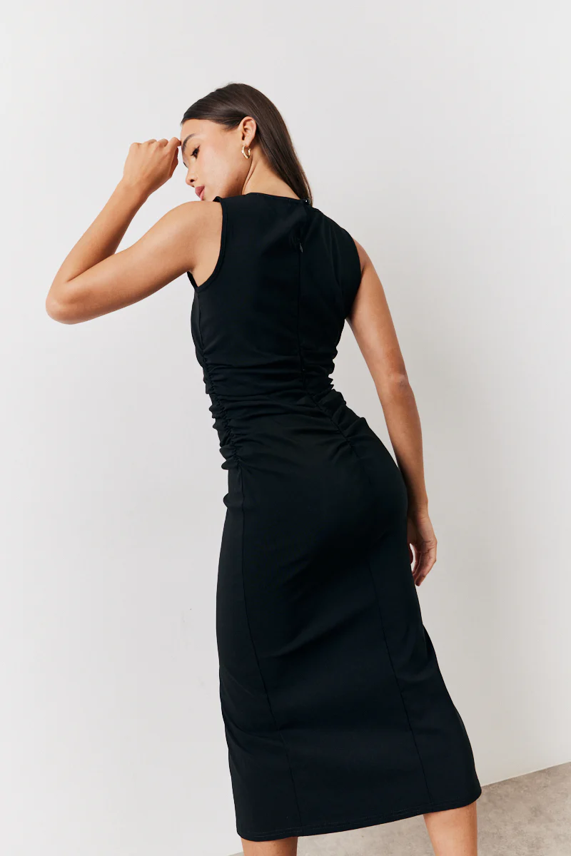 Black Bengaline Ruched Midi Dress - Image 5