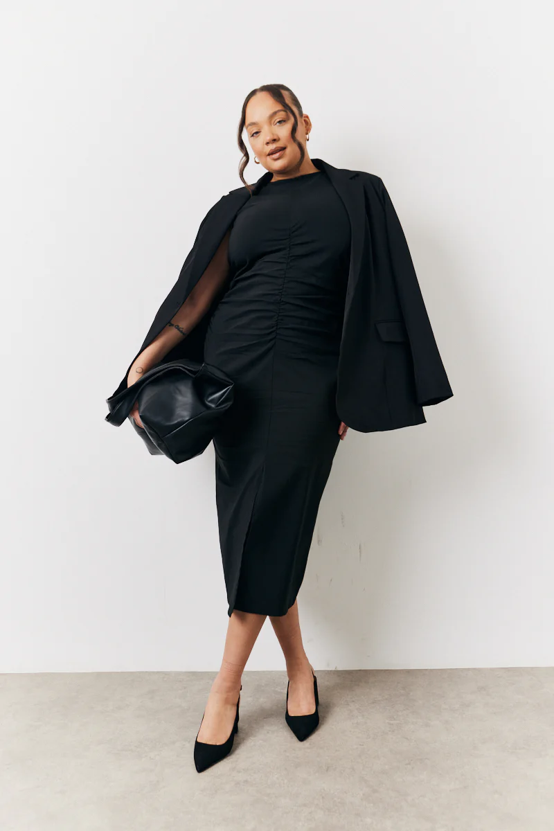 Black Bengaline Ruched Midi Dress - Image 6