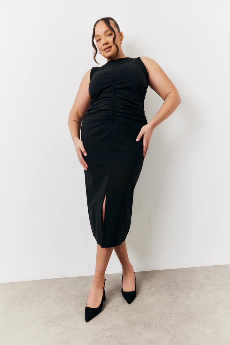 Black Bengaline Ruched Midi Dress - Image 7