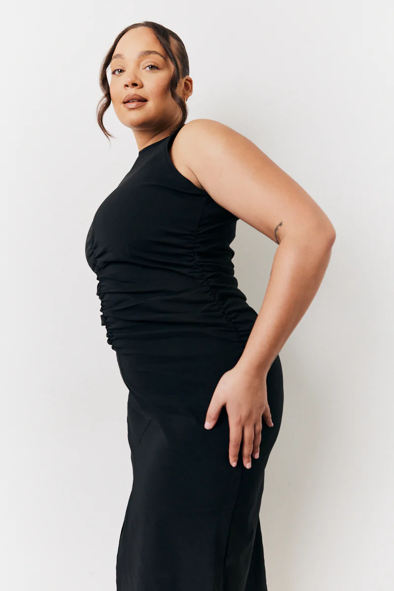 Black Bengaline Ruched Midi Dress - Image 8