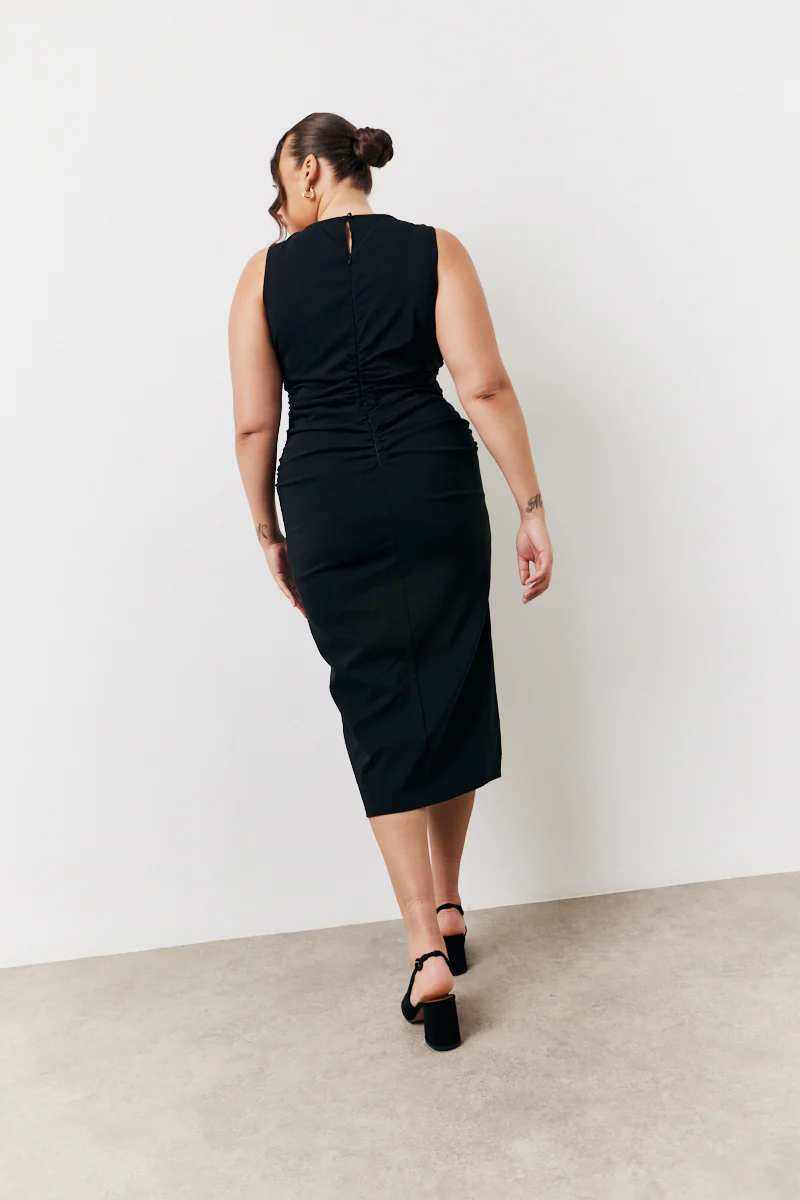 Black Bengaline Ruched Midi Dress - Image 9