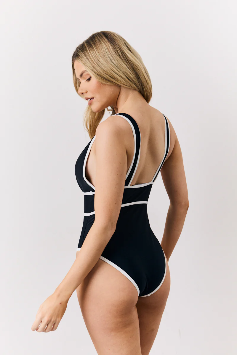 Black Contrast Binding Plunge Swimsuit - Image 3