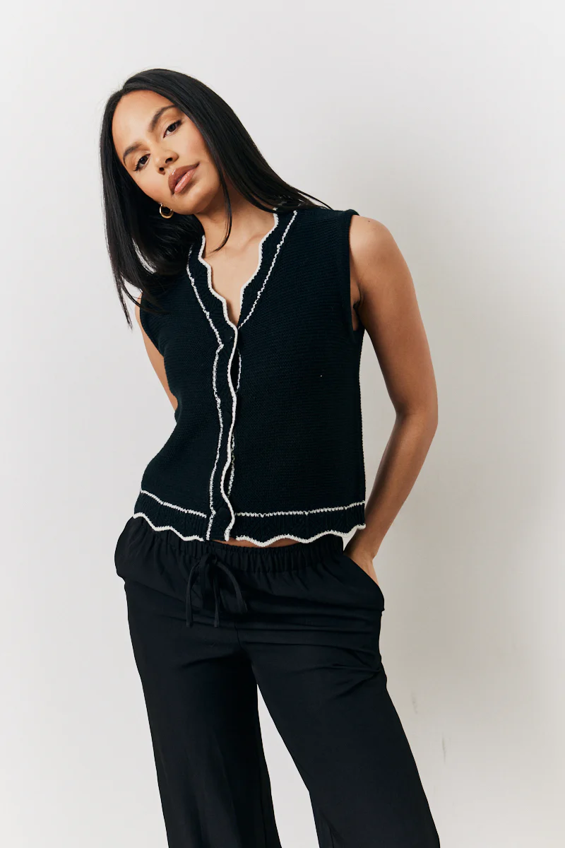 Black Knitted Contrast Scallop Edge Waistcoat - Image 3
