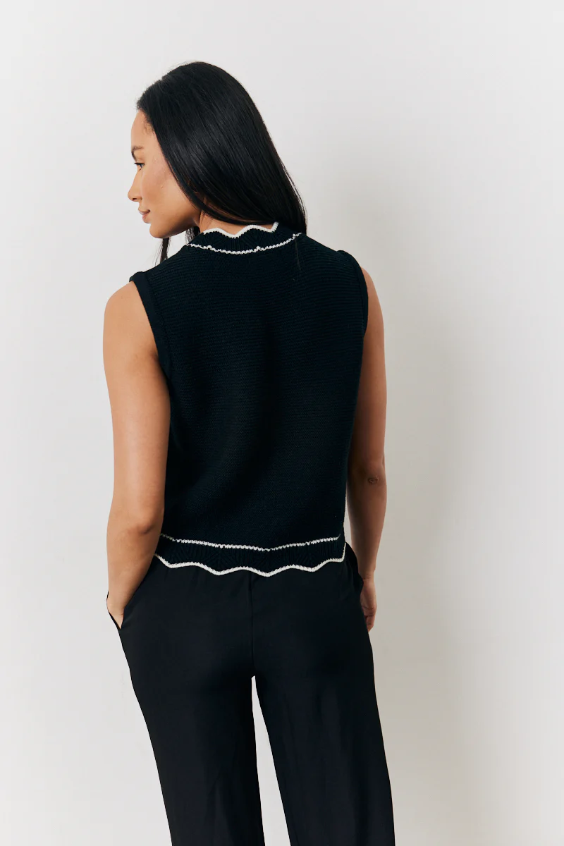 Black Knitted Contrast Scallop Edge Waistcoat - Image 4