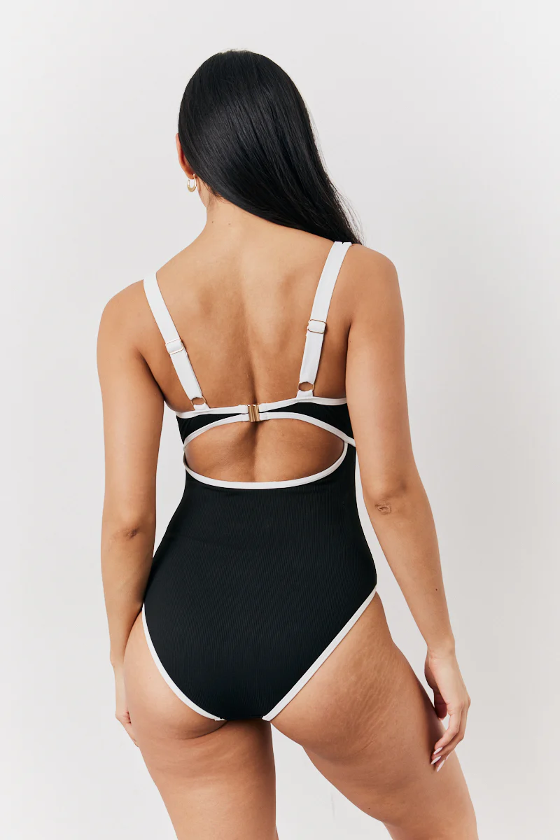 Black Ribbed Contrast Binding Cut Out Swimsuit - Image 3