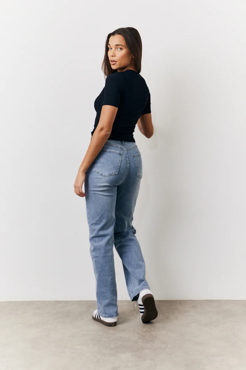 Black Ribbed Crew Neck Short Sleeve Top - Image 3