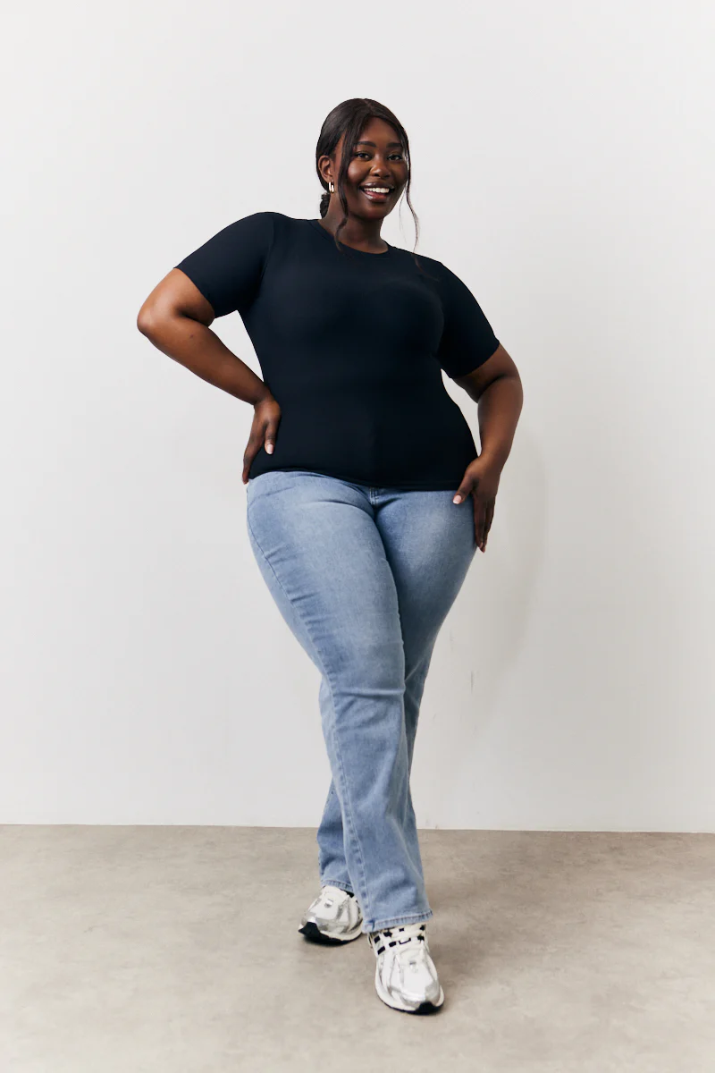 Black Ribbed Crew Neck Short Sleeve Top - Image 5