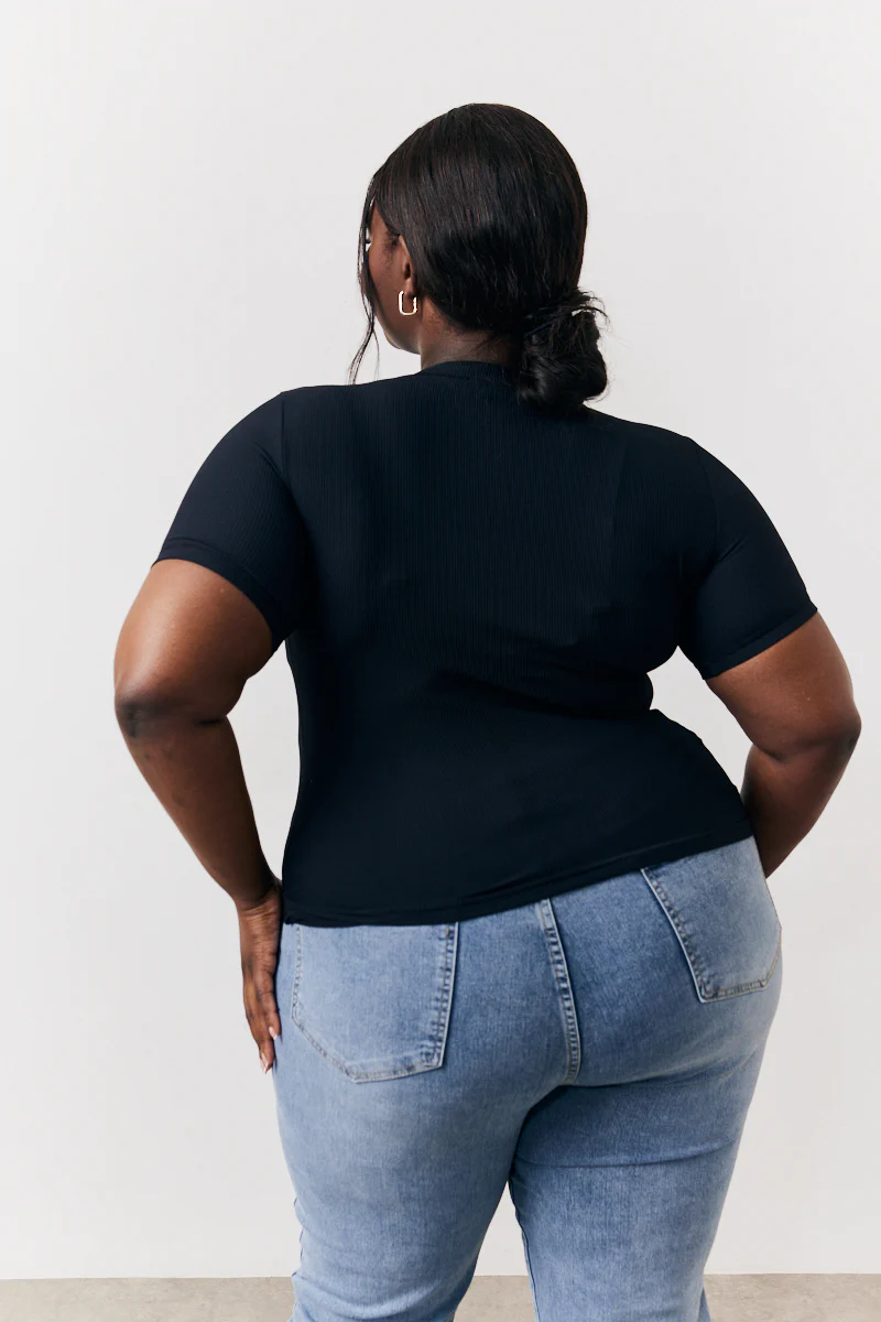 Black Ribbed Crew Neck Short Sleeve Top - Image 6