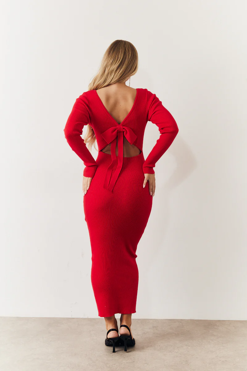 Red Bow Back Knitted Midaxi Dress - Image 3
