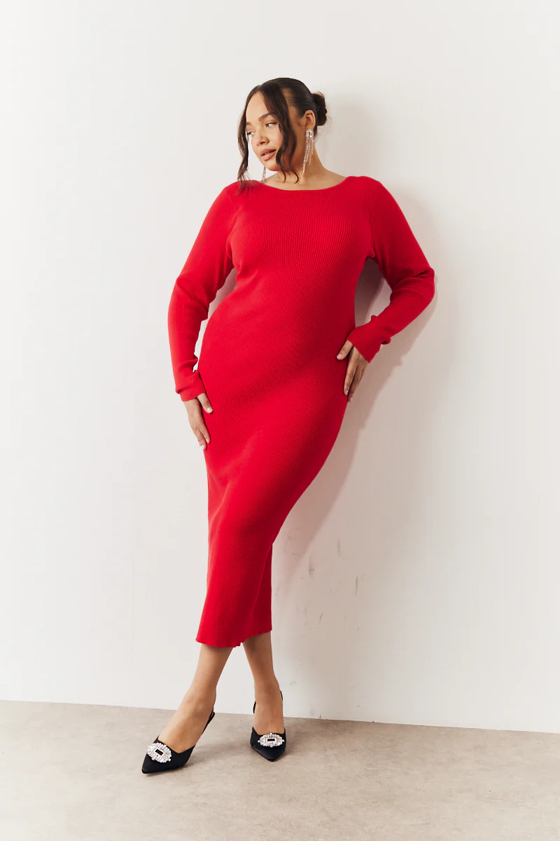 Red Bow Back Knitted Midaxi Dress - Image 4