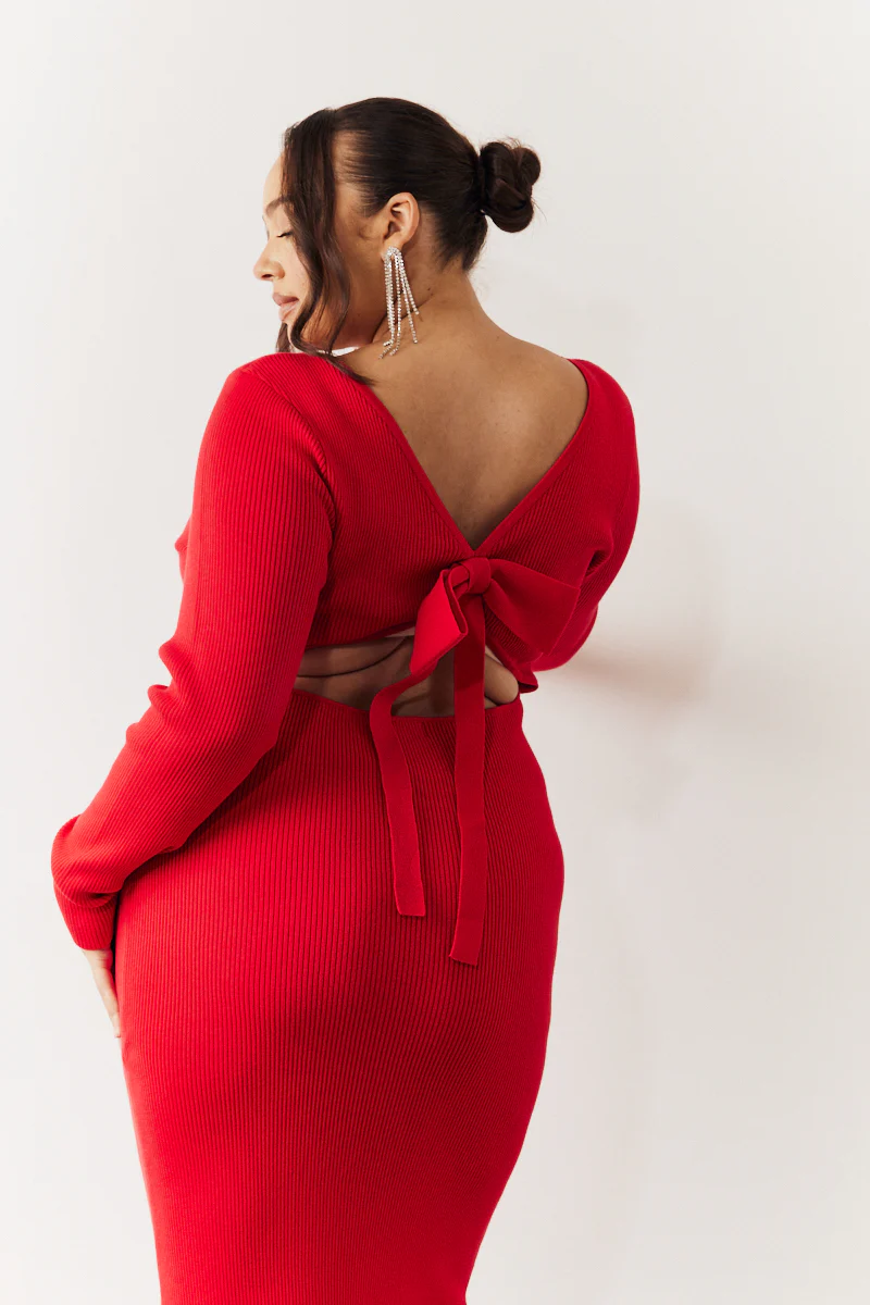 Red Bow Back Knitted Midaxi Dress - Image 5