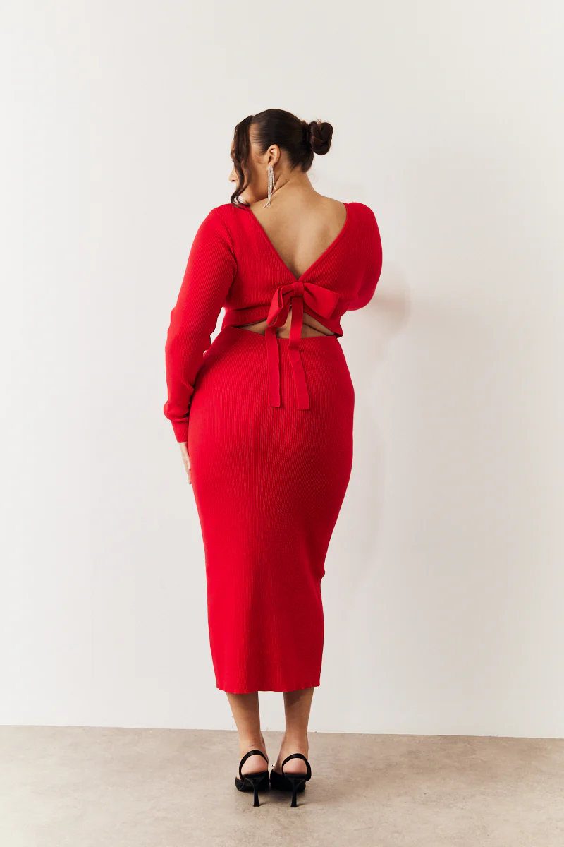 Red Bow Back Knitted Midaxi Dress - Image 6