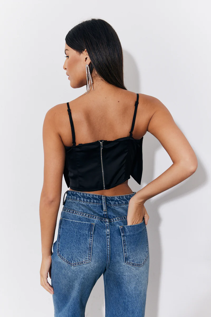 Black Satin Bow Detail Cami Top - Image 3