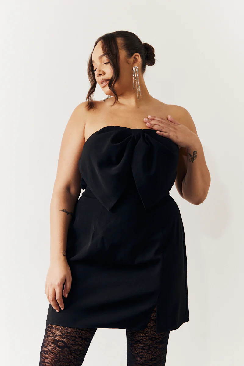 Black Bandeau Bow Front Split Hem Mini Dress - Image 5