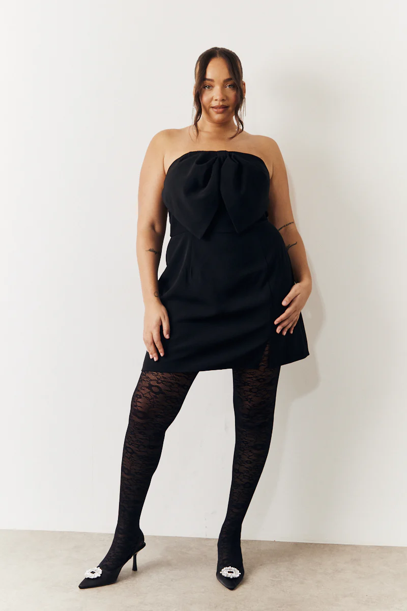 Black Bandeau Bow Front Split Hem Mini Dress - Image 6