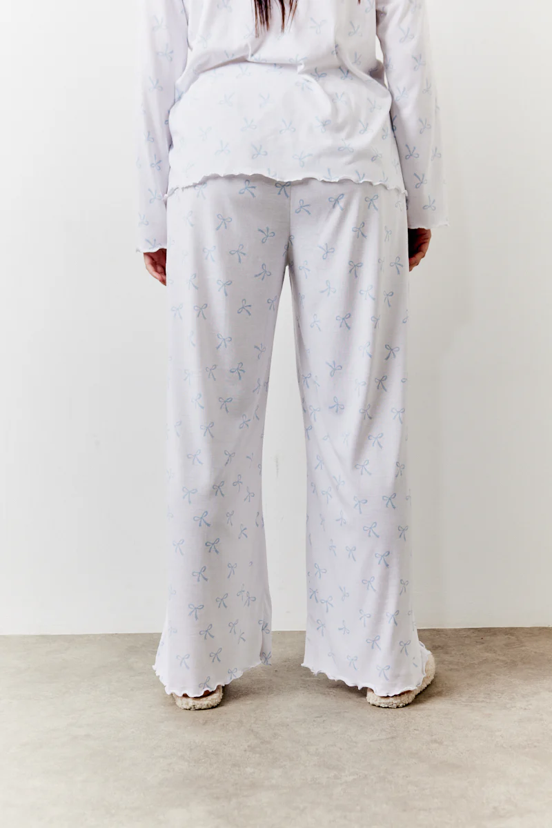 White Bow Print Long Sleeve Top and Trouser PJ Set - Image 11