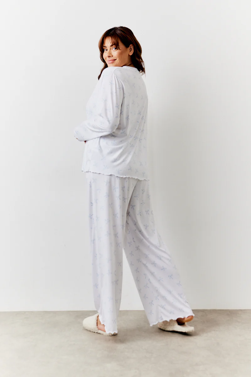 White Bow Print Long Sleeve Top and Trouser PJ Set - Image 12