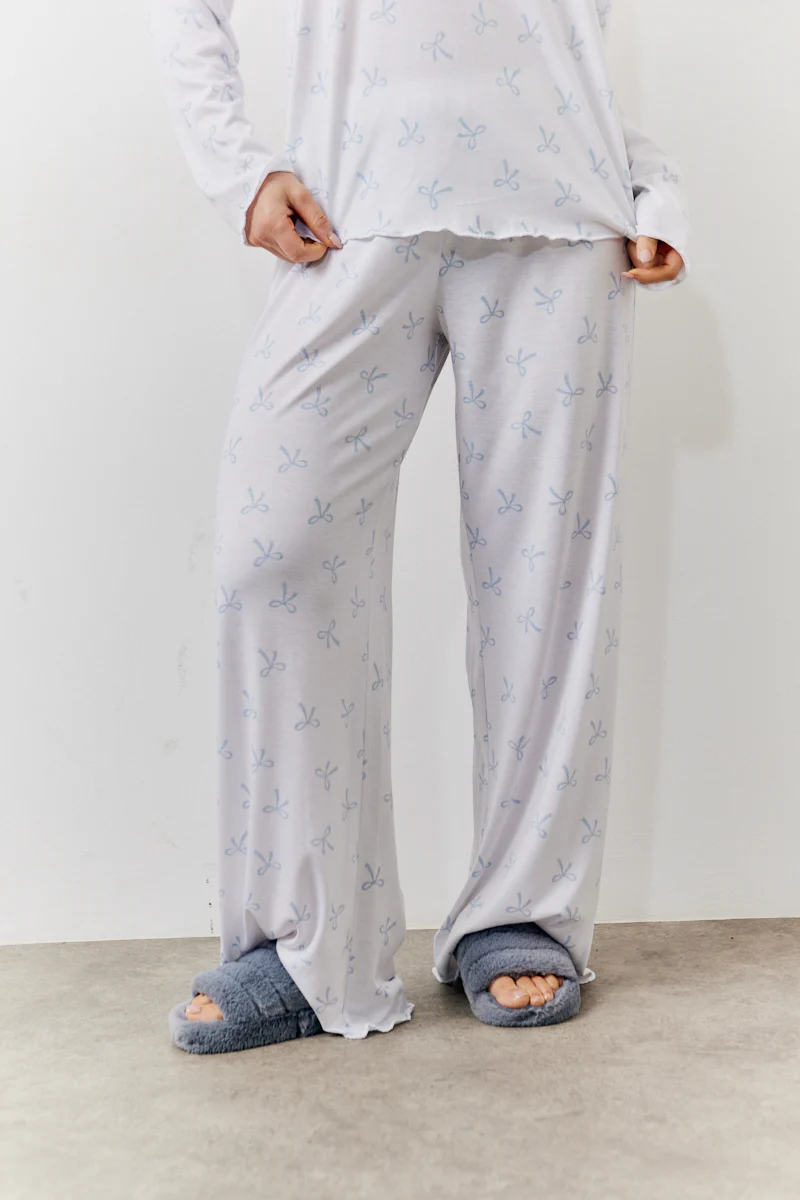 White Bow Print Long Sleeve Top and Trouser PJ Set - Image 3