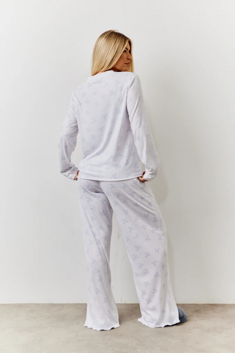 White Bow Print Long Sleeve Top and Trouser PJ Set - Image 4